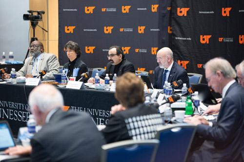 UT Board of Trustees seated at the UT Board of Trustees meeting