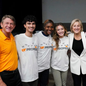 President Randy Boyd and UTK Chancellor Donde Plowman with UT Promise students